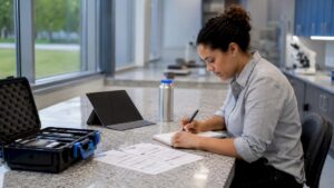 Forensic analyst assessing digital evidence documents