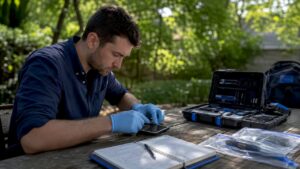 Forensic analyst extracting data from smartphone