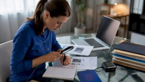 Forensic analyst examining printed web evidence at desk