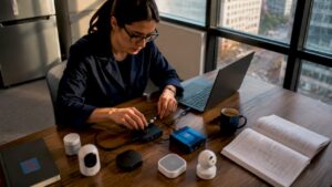 Forensics expert examining smart home devices in lab