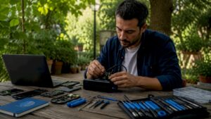 Phone data specialist working on mobile phone data extraction