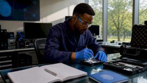 Analyst examining digital evidence in secure lab
