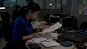 Investigator reviewing printed digital evidence