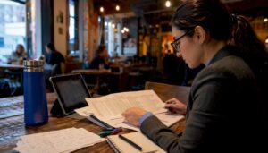 Investigator examining digital logs at desk