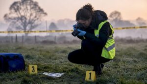 Investigator photographing urban crime scene evidence