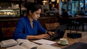 Cyber investigator working at night desk in home office
