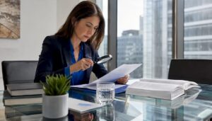 Legal professional examining contract with magnifying glass