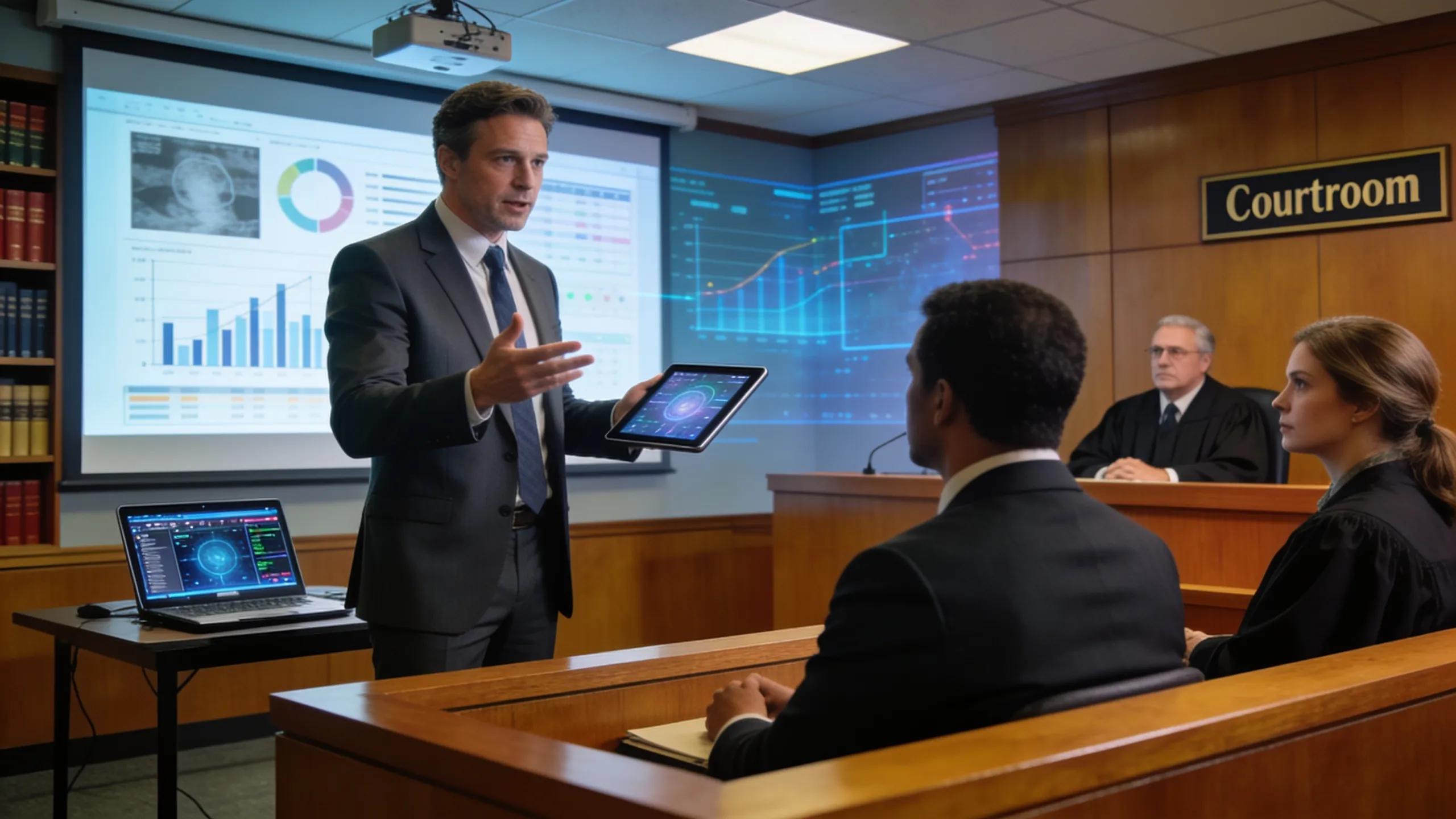 Understand Digital Evidence and Legal Admissibility Standards in UK Courts 3 Expert witness presenting digital evidence in court, engaging with legal professionals and a judge