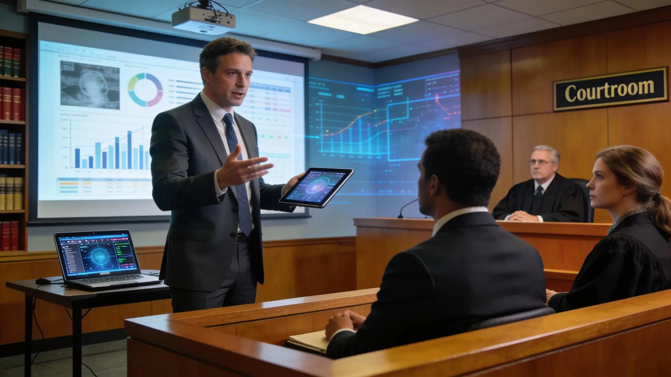 Understand Digital Evidence and Legal Admissibility Standards in UK Courts 2 Expert witness presenting digital evidence in court, engaging with legal professionals and a judge