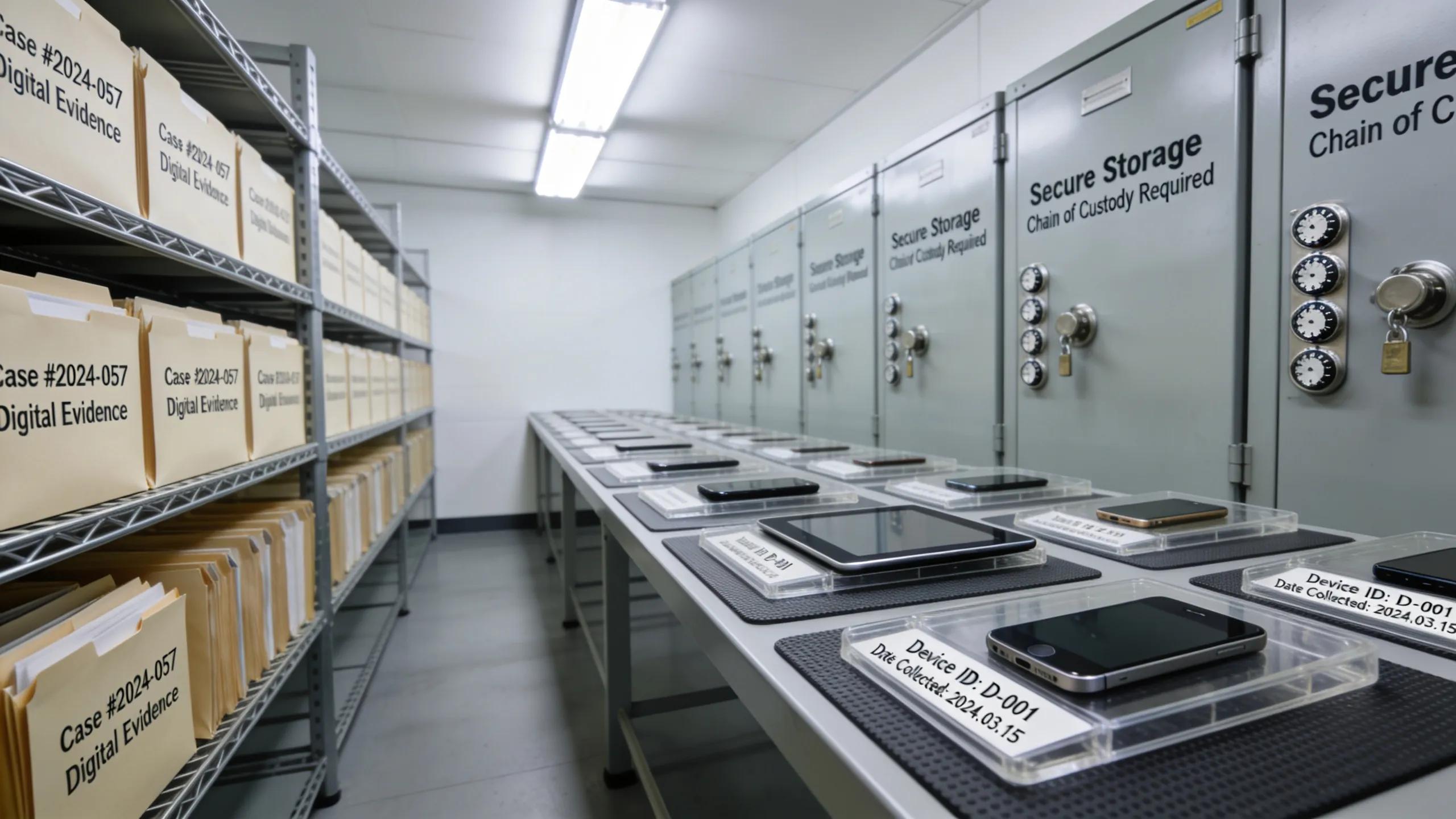 Understand Digital Evidence and Legal Admissibility Standards in UK Courts 2 Secure evidence storage room illustrating chain of custody with labelled files and digital devices