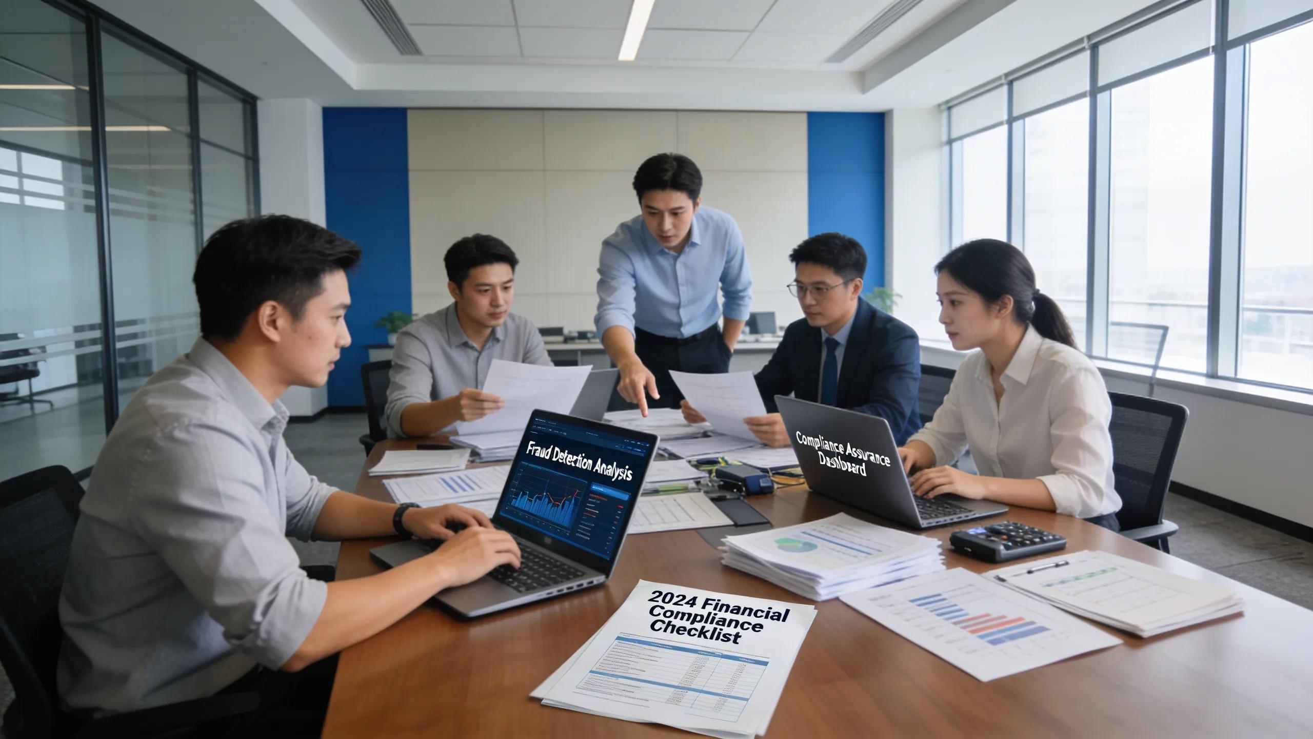 Digital Forensics Services Overview for Legal and Corporate Cases 3 Forensic analysts collaborating in a corporate office setting, focusing on fraud detection and compliance assurance