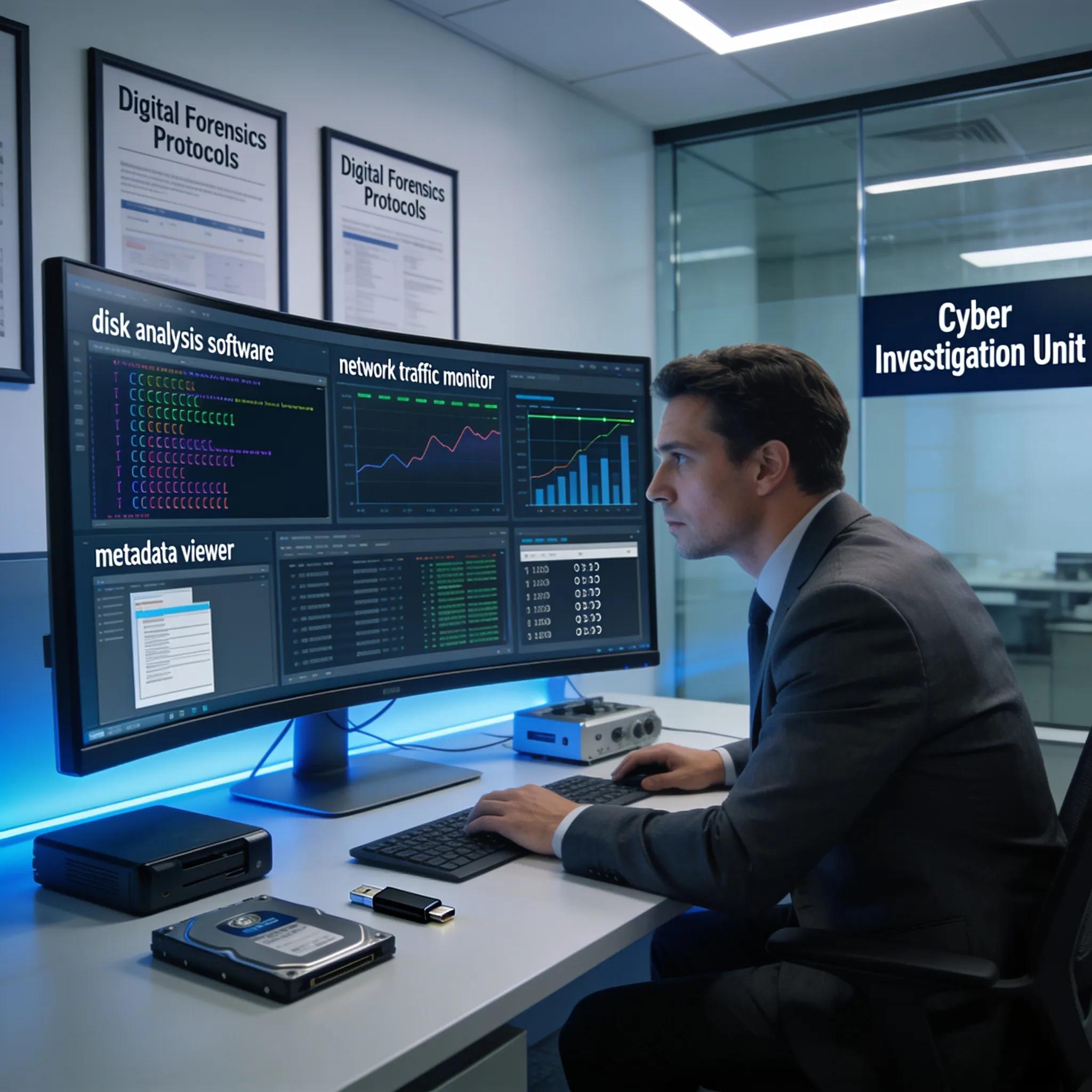 Digital Forensics Services Overview for Legal and Corporate Cases 2 Digital forensics specialist analyzing evidence on a computer, emphasizing advanced investigative techniques