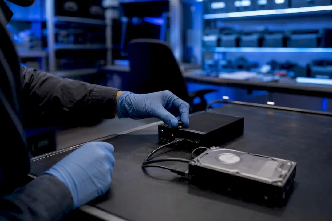 What is recovery in computer forensics for legal evidence? 1 Hardware write-blocker connected to hard drive