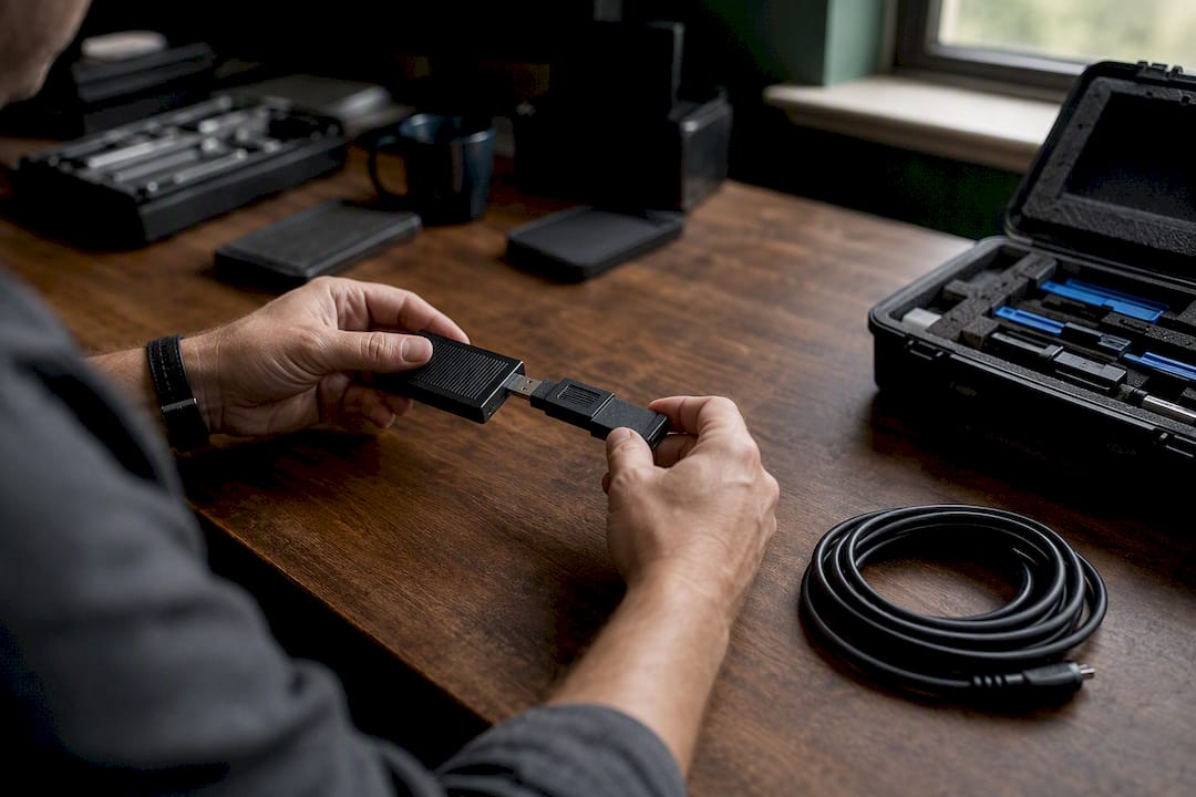 5 eDiscovery Software Steps to Keep Evidence Defensible for Legal Teams 1 Hands attaching write-blocker device to storage media