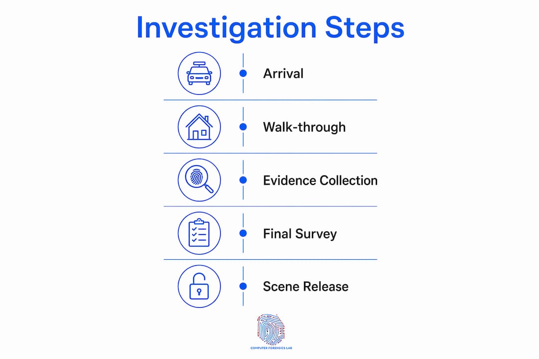 Investigation steps in a crime scene investigation 2 Infographic illustrating crime scene investigation steps
