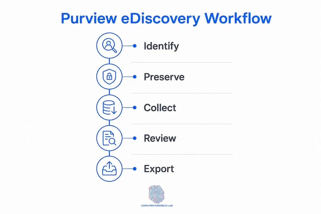 eDiscovery in Office 365: a practical UK guide 1 Infographic illustrating Purview eDiscovery workflow steps