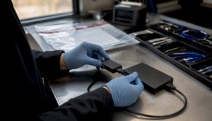Hands connecting forensic write-blocker device