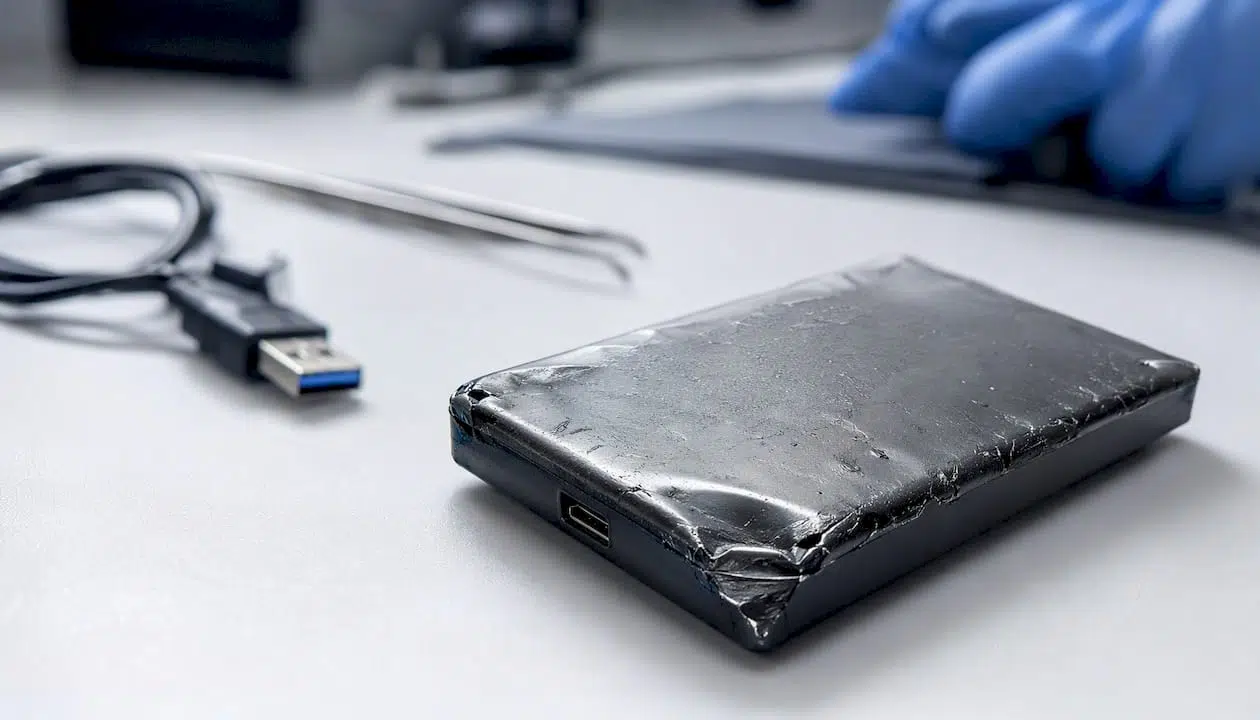 What is a data recovery program for legal cases? 2 Damaged external storage device on forensic lab bench