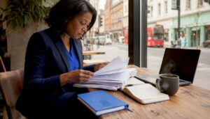 Woman reviewing e-discovery documents in office