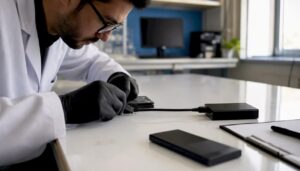 Hands connecting write-blocker device to hard drive