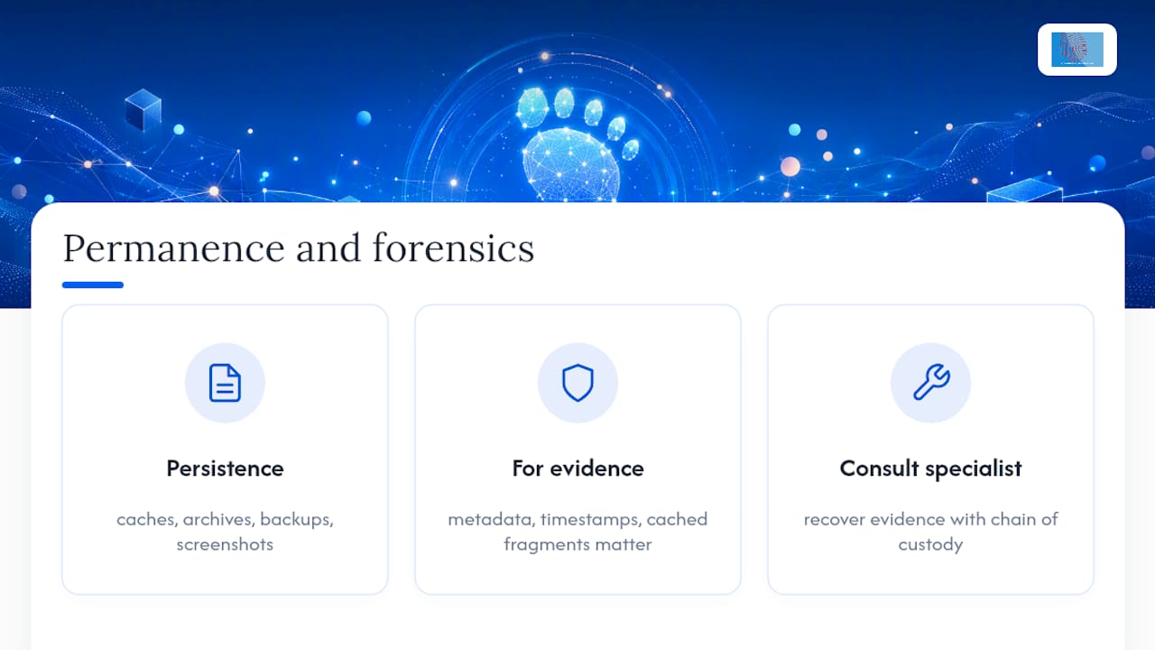 What do you mean by digital footprints, and why it matters 2 Permanence, deletion limits and when to consult a forensic specialist — overview diagram