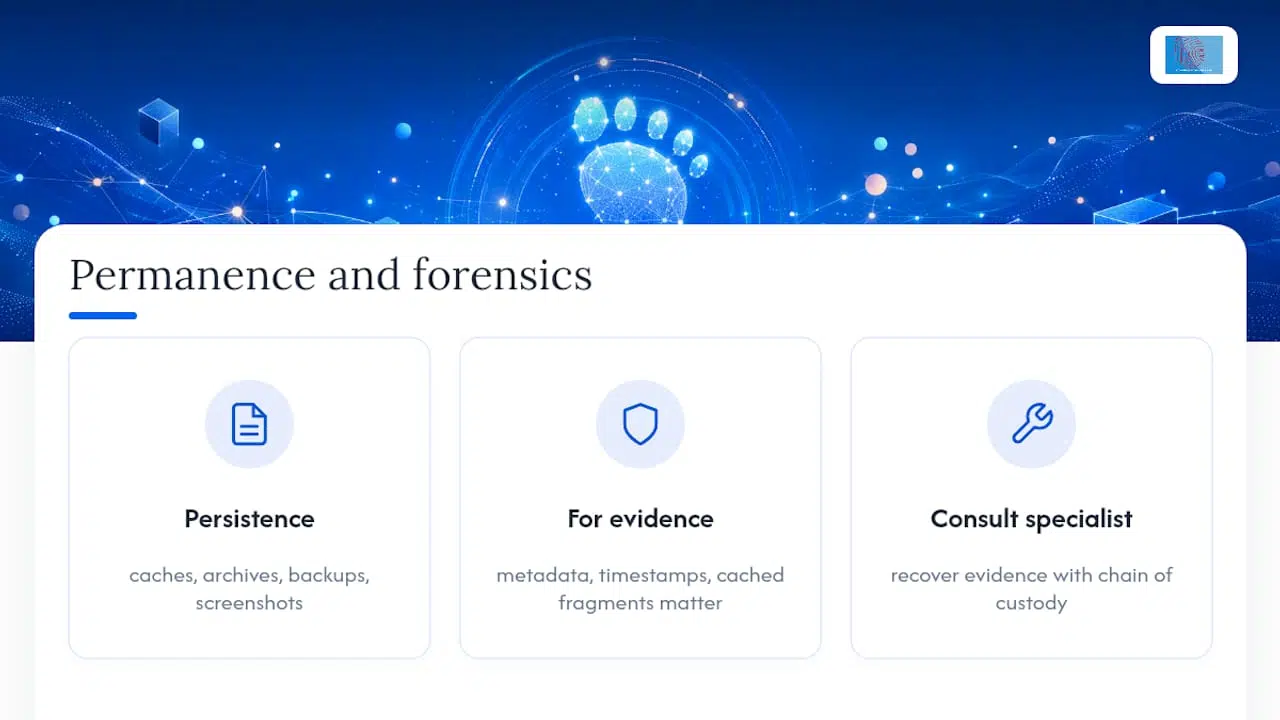 What do you mean by digital footprints, and why it matters 2 Permanence, deletion limits and when to consult a forensic specialist — overview diagram