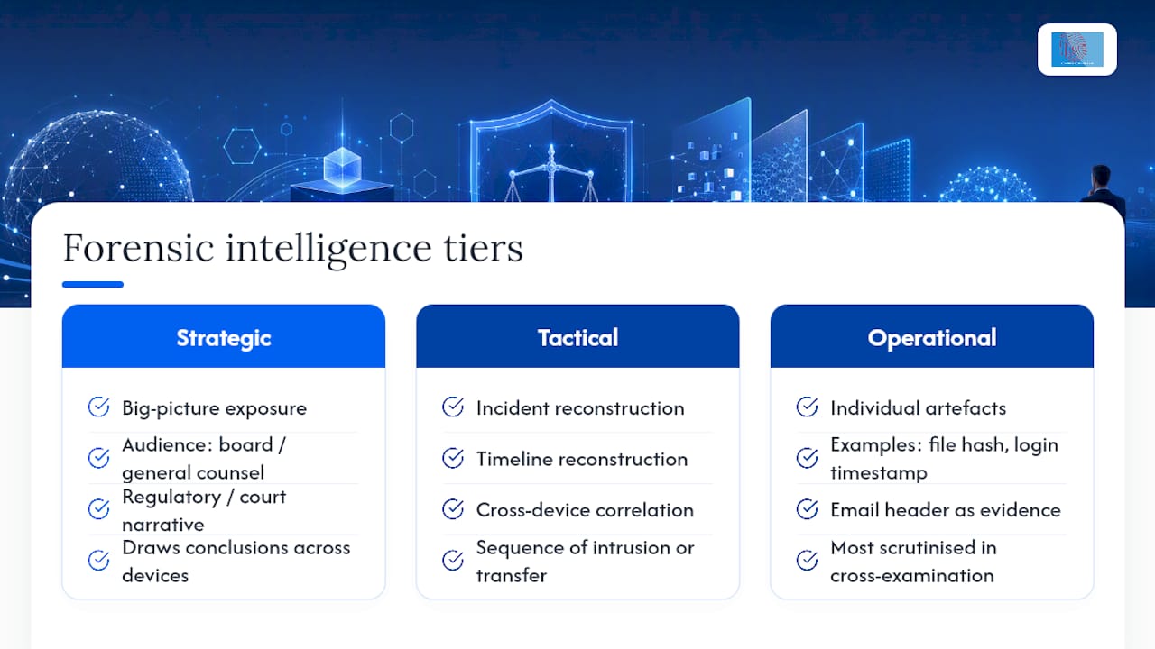 Court Admissible Cyber Intelligence for Lawyers and Counsel 2 Diagram comparing forensic intelligence tiers