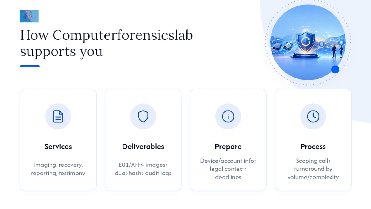 What is the best file recovery software for court‑admissible evidence? 1 How Computerforensicslab supports your recovery and litigation needs — overview diagram