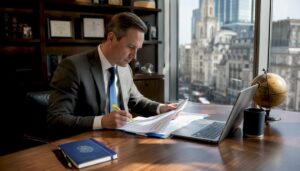 Legal professional reviewing eDiscovery reports in office