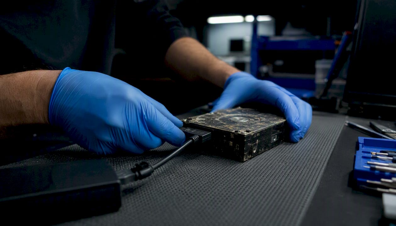 E-discovery explained: what it is and how it works in the UK 1 Hands connecting forensic imaging cable to damaged hard drive