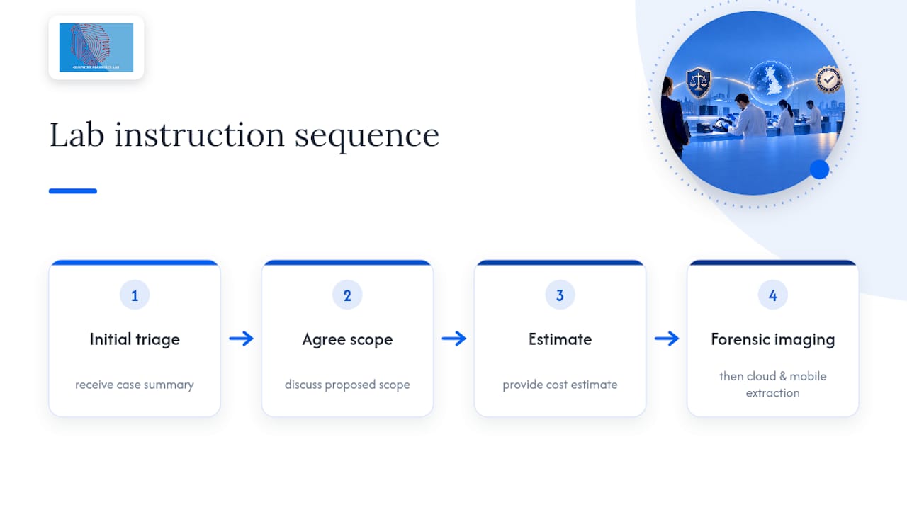 Lawyers: Choose a Computer Forensic Company With UK Regulator & ISO 1 Four stages of forensic investigation instruction