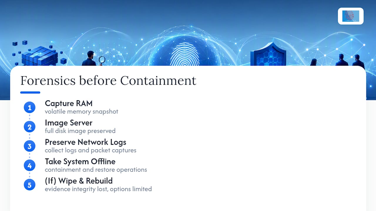 Five Phase Workflow for Computer Forensics and Investigations 2 Forensic capture before incident containment