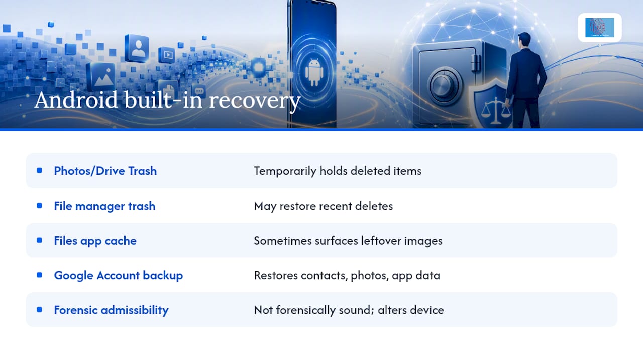 Legal teams: Restore deleted Android files and preserve admissibility 1 Can you restore deleted files yourself using Android's built-in tools? — overview diagram