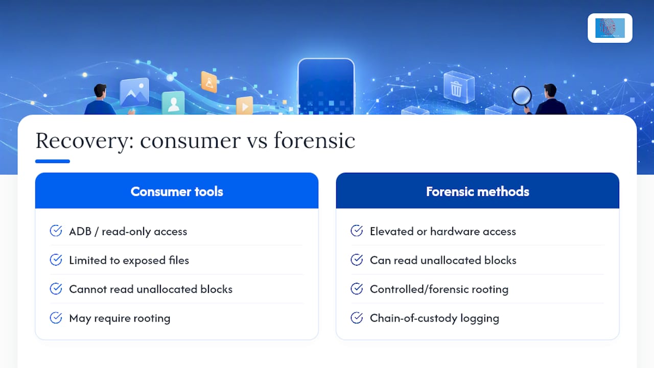 Legal teams: Restore deleted Android files and preserve admissibility 2 What recovery software exists for typical users, and where does it fall short? — overview diagram