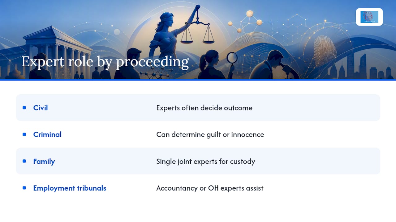 Rule 702 Survival for Legal Teams: Expert Testimony & Forensics 2 What role does expert testimony play in civil, criminal and family cases? — overview diagram
