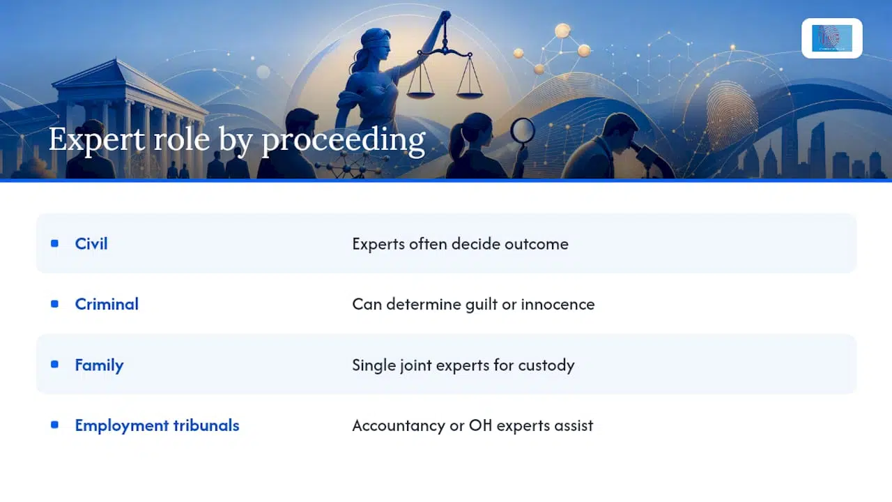 Rule 702 Survival for Legal Teams: Expert Testimony & Forensics 2 What role does expert testimony play in civil, criminal and family cases? — overview diagram