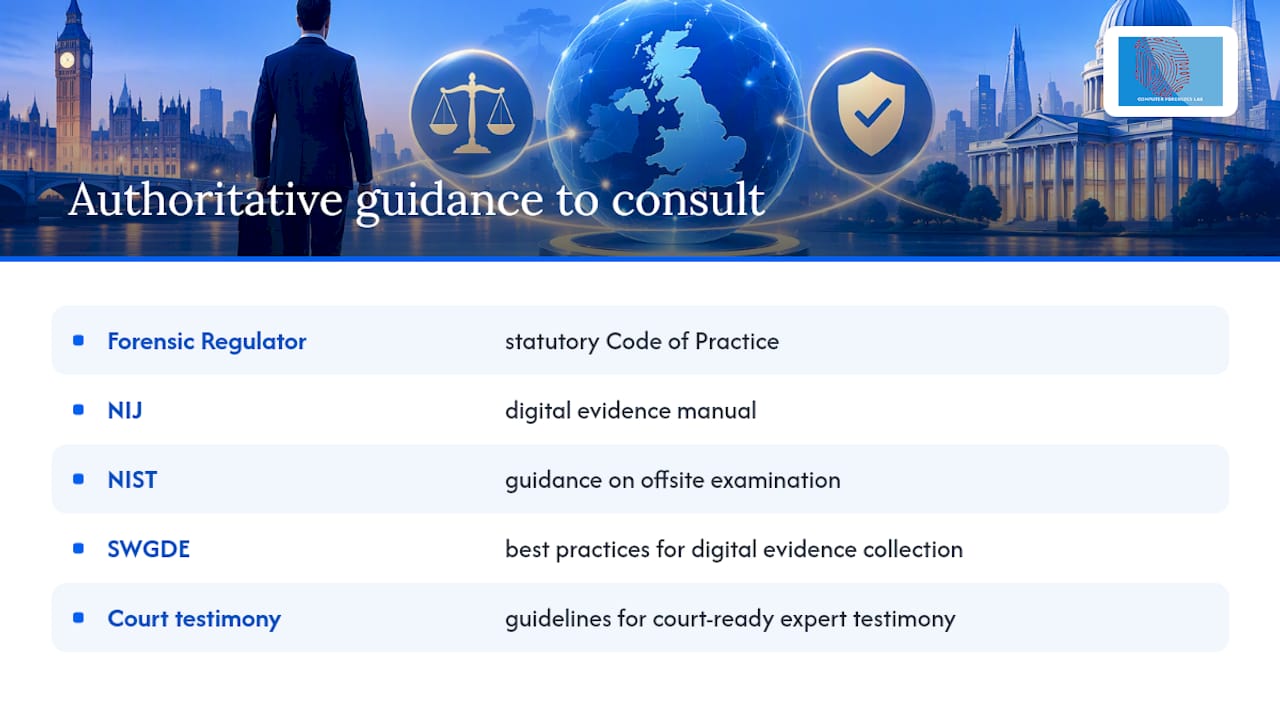 Lawyers: Choose a Computer Forensic Company With UK Regulator & ISO 2 Authoritative guidance and standards to consult next — overview diagram