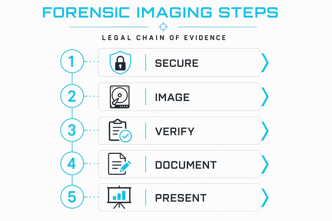 Forensic imaging explained: reliable evidence for UK courts 1 Infographic visualizing forensic imaging step-by-step