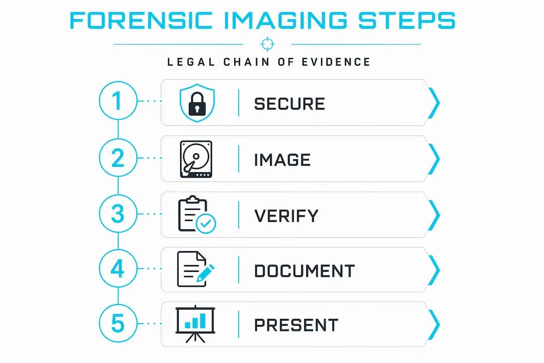 Forensic imaging explained: reliable evidence for UK courts 1 Infographic visualizing forensic imaging step-by-step