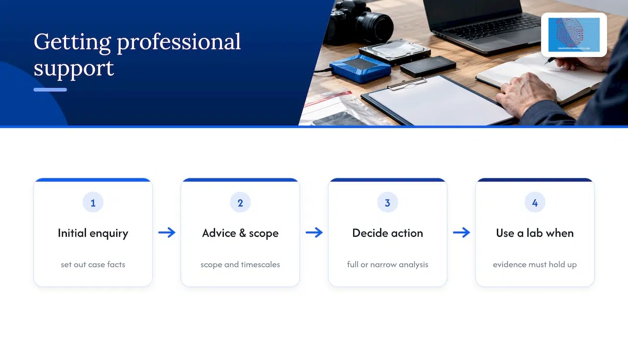 IT Forensics: 4 Practical Phases, NIST Aligned for Practitioners 1 Getting professional support when a case demands it — overview diagram