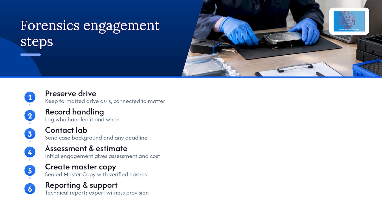 8 Steps to Recover Data from a Formatted Hard Drive for Legal Teams 2 How Computer Forensics Lab can help and how to instruct us — overview diagram