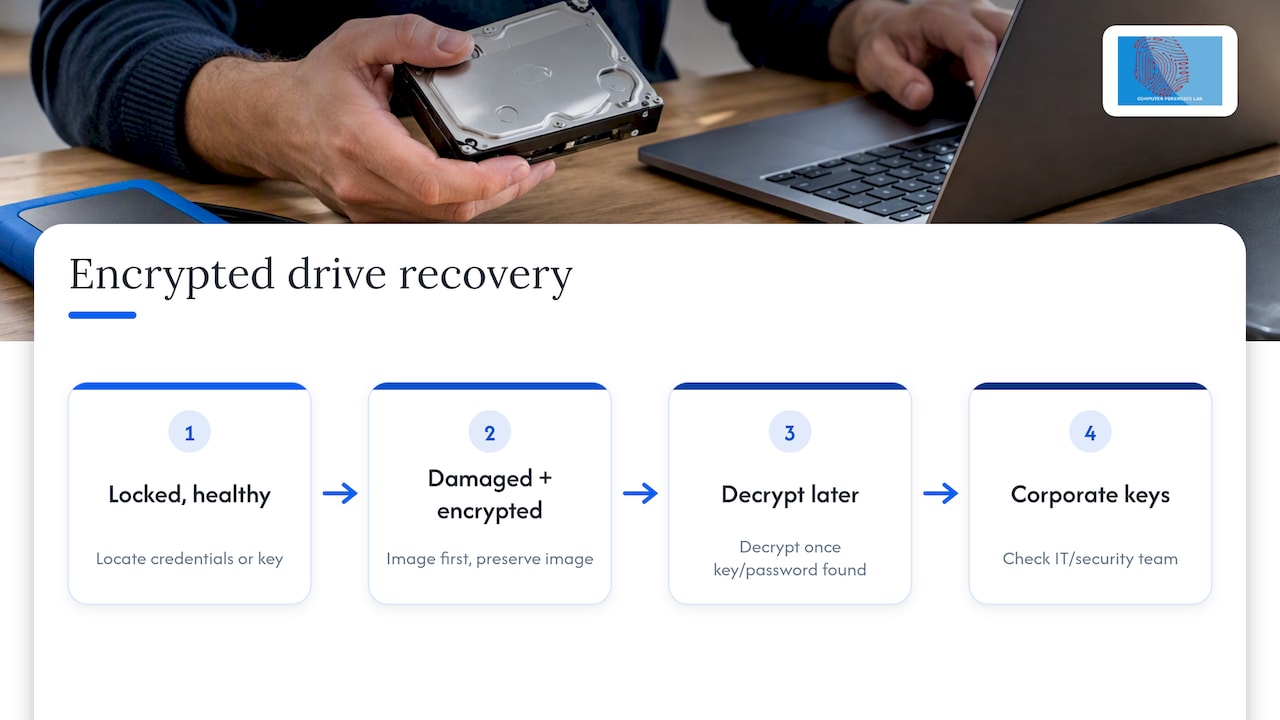 Hard Drive Data Recovery for Small Businesses: Image Before DIY 2 Handling encrypted or password-protected drives in recovery — overview diagram