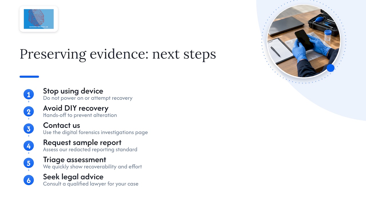 Lawyers: Insist on NIST, SWGDE and 7 Vetting Checks for Forensic IT 1 Instructing us: preserving evidence and next steps — overview diagram